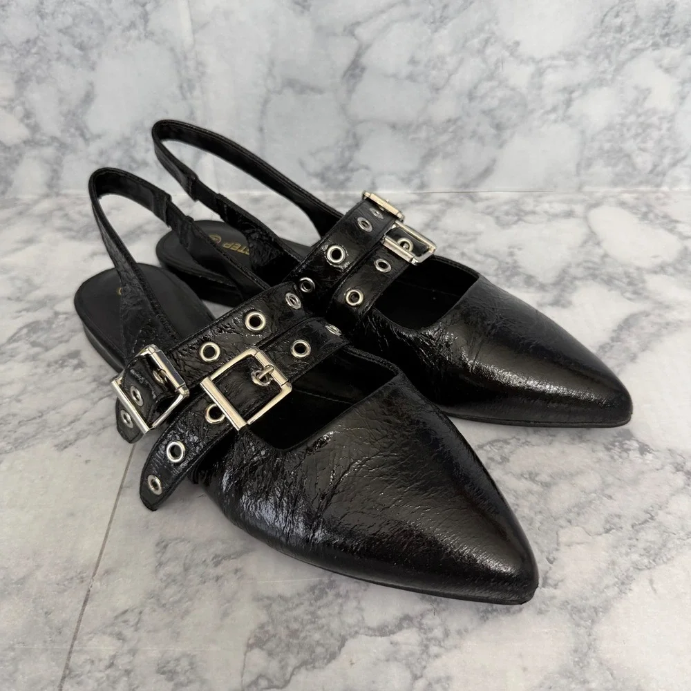 Lucky Step Slingback Flats 8.5 Black Grommet Buckle Pointed Toe Patent Edgy Punk